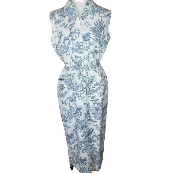 Bobbie Bee Dresses & Skirts - Vtg Blue White French Floral Print Dress Denim Sleeveless Maxi Long Button Down